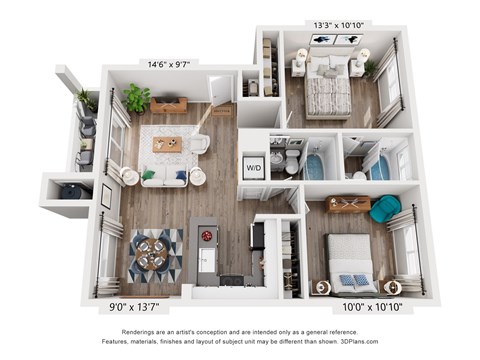 Floor plan for 2 beds, 2 baths, 900 sqft